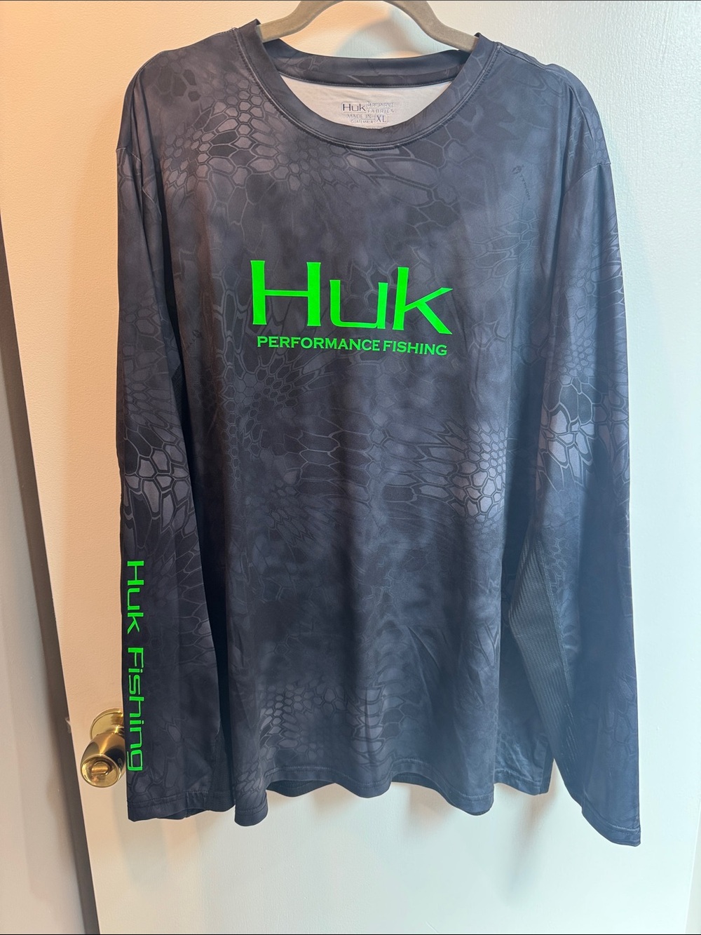 Huk Long Sleeve Performance Shirt in Charcoal with Neon Green Logo